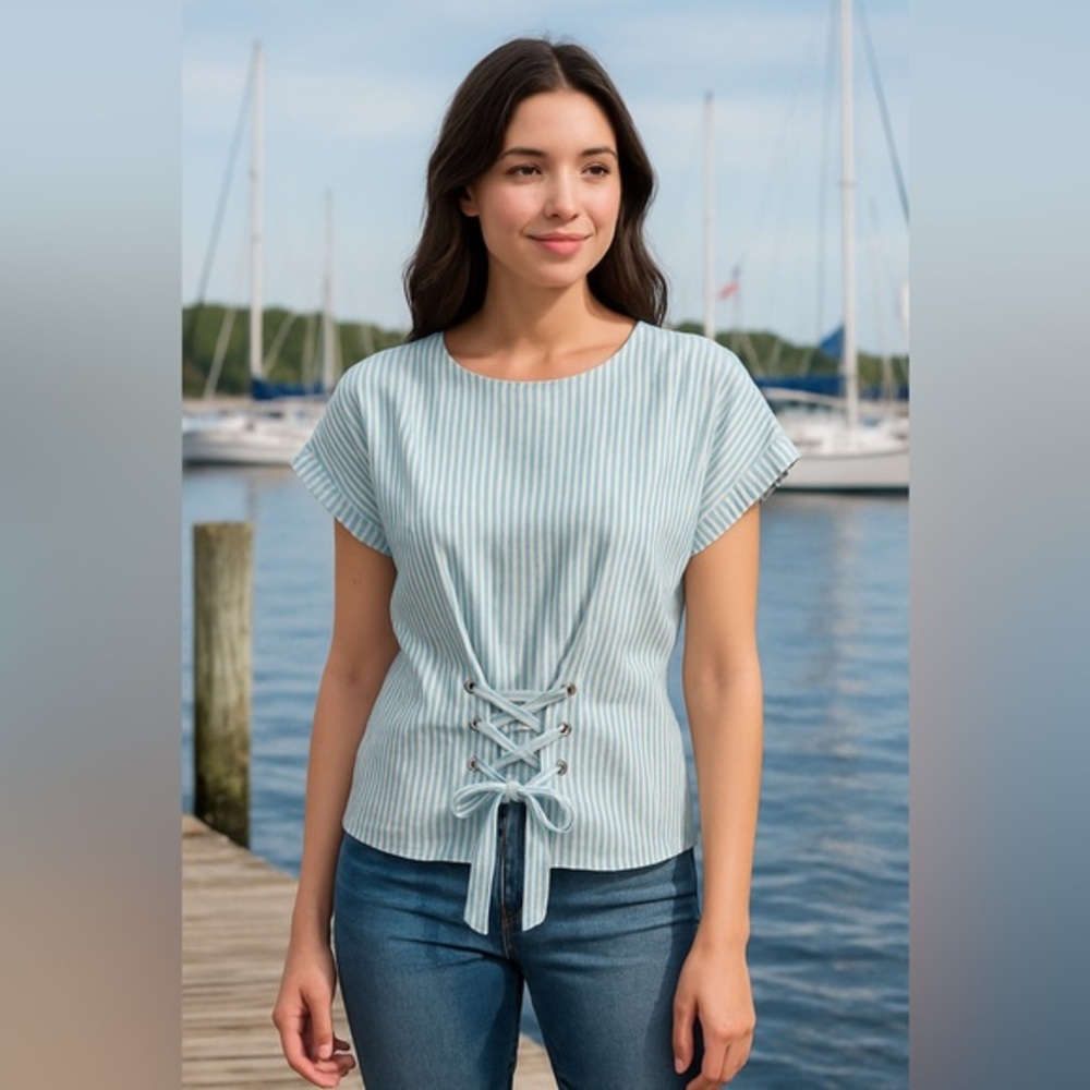 JOA Blue White Seersucker Stripe Look Lace-Up Corset Top NWT XS #1269